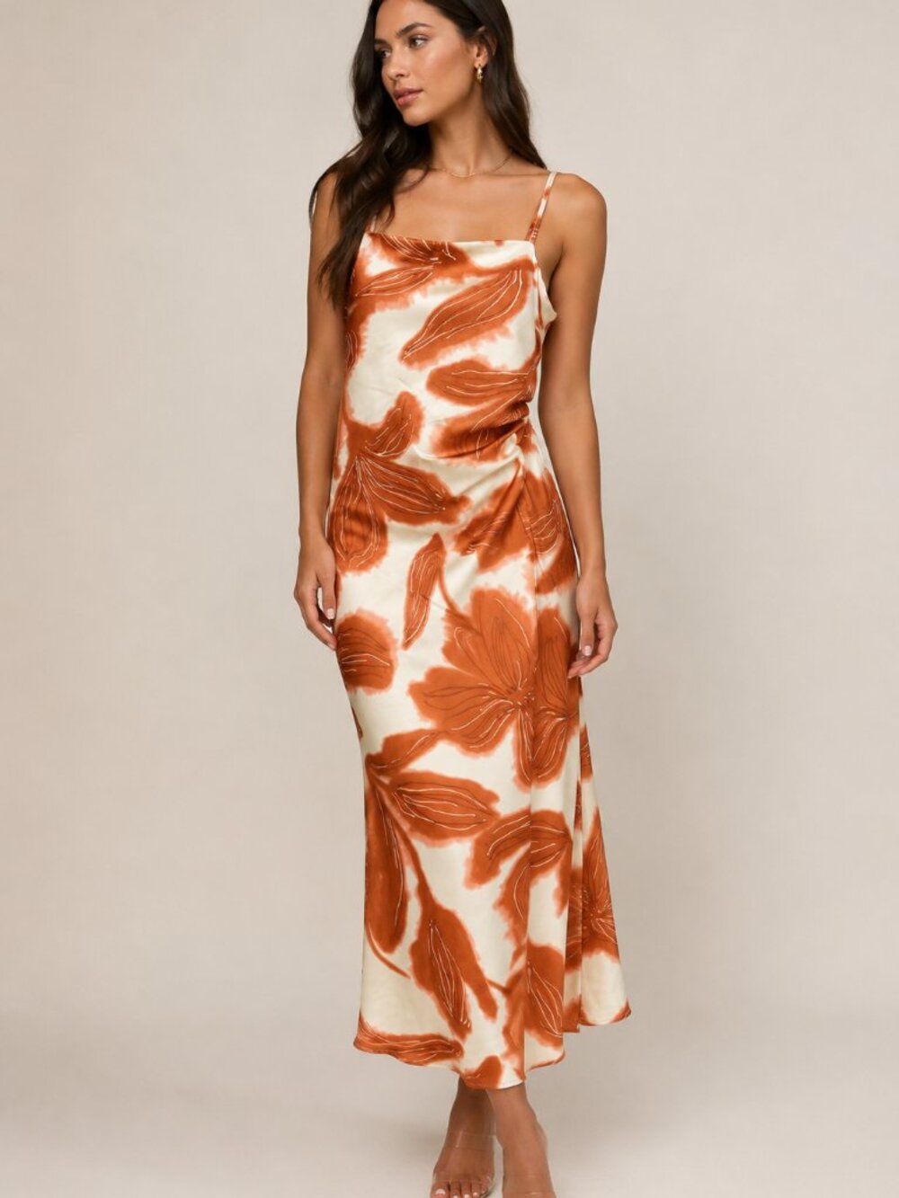 House of Harlow 1960 Cream and Burnt Orange Floral Midi Slip Dress